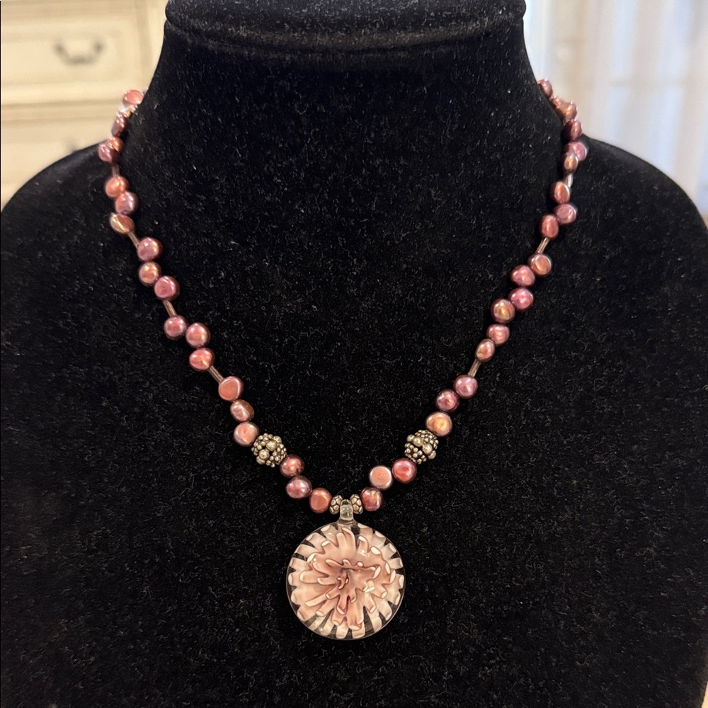 Vintage Purple Beaded Floral Glass Pendant Statement Necklace